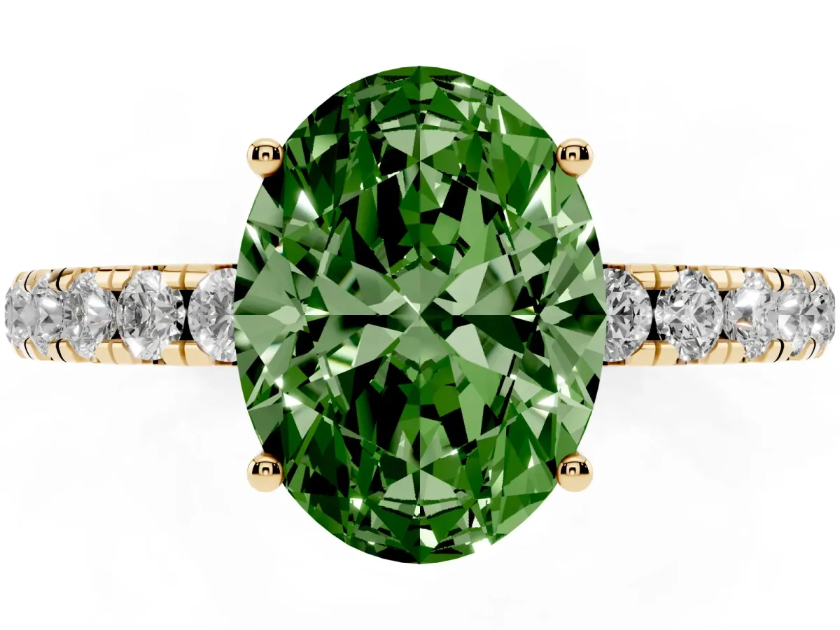 Fancy Green Oval Cut Diamond Pavé Solitaire Engagement Ring with Four-Prong Setting Yellow gold