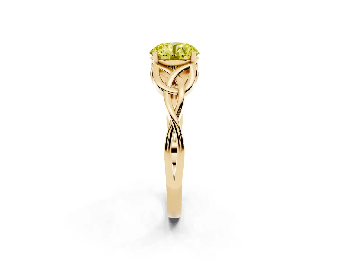 Fancy Yellow Round Cut Diamond Solitaire Engagement Ring with Celtic Knot Band and Four-Prong Setting Yellow gold