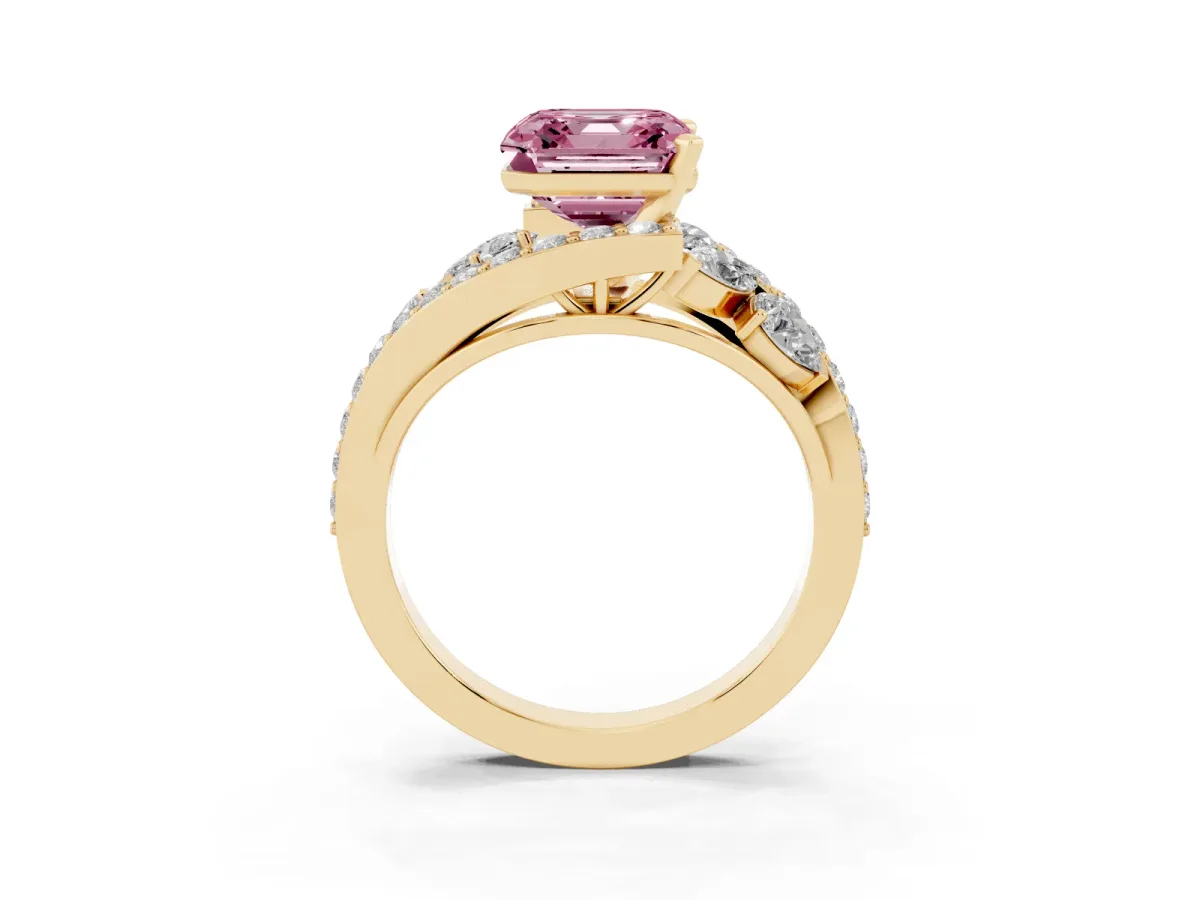 Fancy Pink Asscher Cut Diamond Halo Ring with Marquise and Pavé Band in Prong Setting Yellow gold