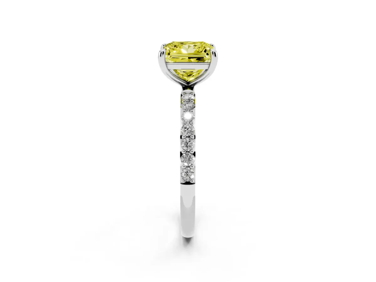 Fancy Yellow Princess Cut Diamond Solitaire Ring with Round Pavé Band and Prong Setting Silver