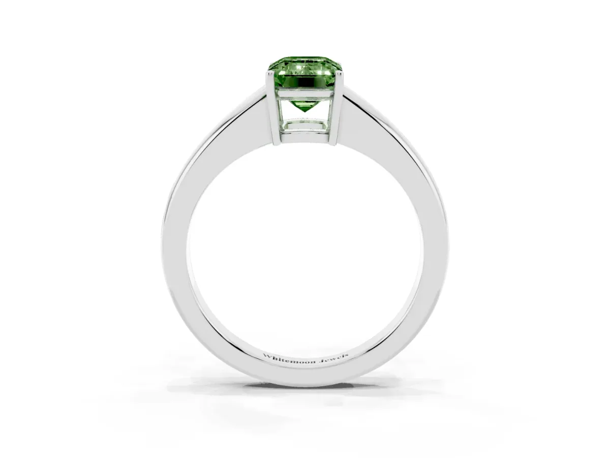 Fancy Green Emerald Cut Solitaire Diamond Ring with Tapered Band and Four-Prong Setting White gold