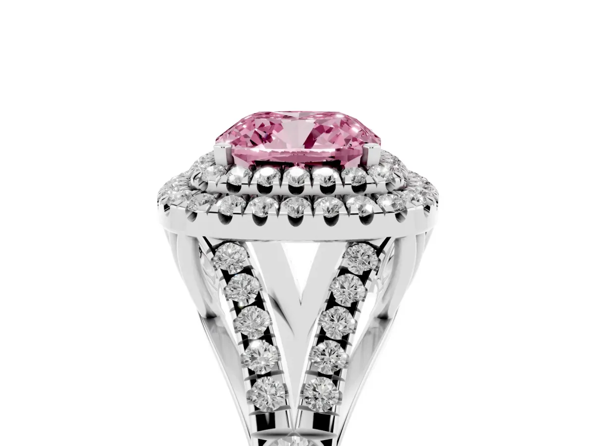 Fancy Pink Cushion Cut Diamond Pavé Split Shank Double Halo Engagement Ring Silver