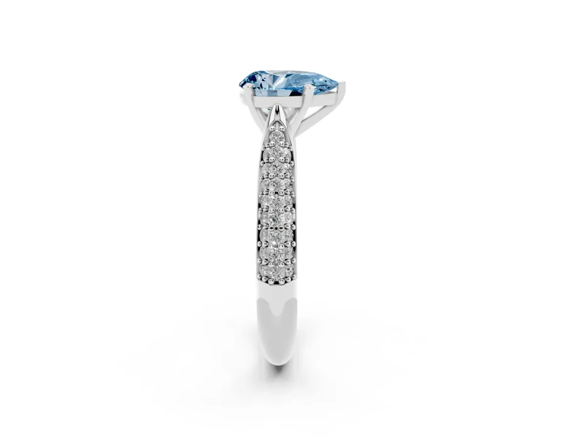 Fancy Blue Pear Cut Diamond Solitaire Engagement Ring with Multi-Row Round Pavé Band and Prong Setting White gold