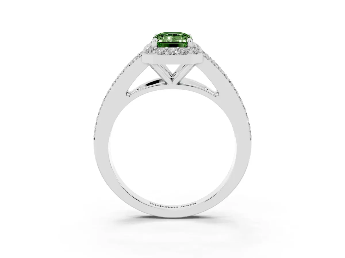 Fancy Green Emerald Cut Halo Split Shank Pave Diamond Ring with Four-Prong Setting Silver