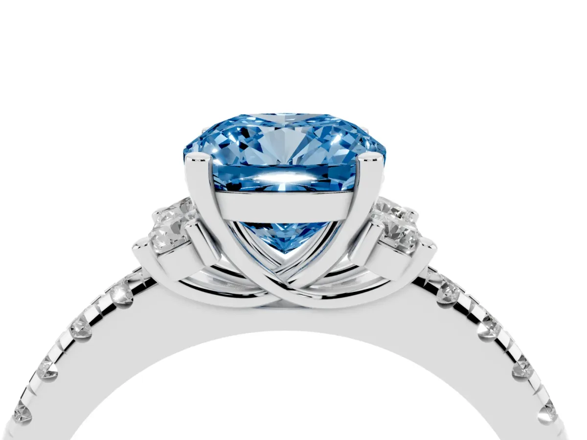 Fancy Blue Cushion Cut Diamond Three-Stone Pave Band with Four-Prong Setting White gold