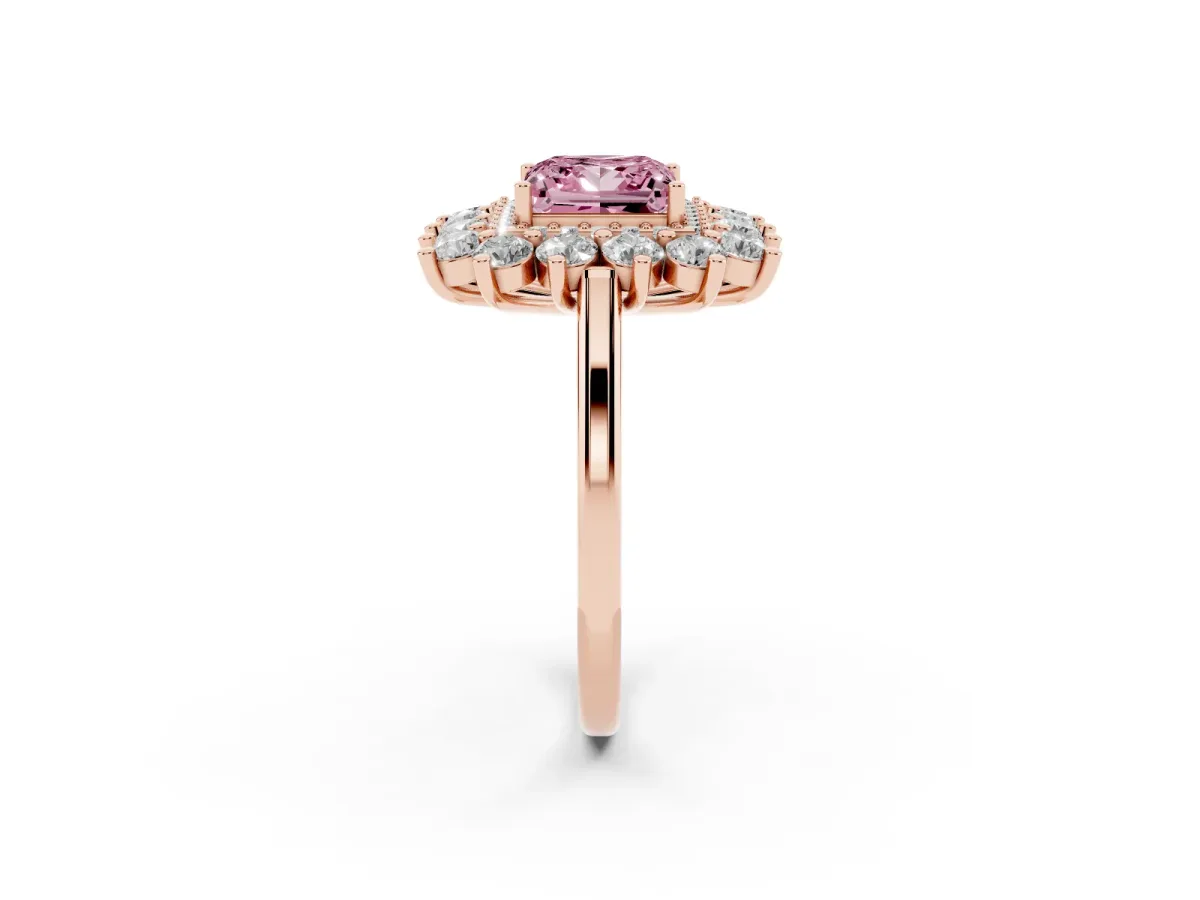 Fancy Pink Princess Cut Diamond Floral Double Halo Engagement Ring with Prong Setting Rose gold