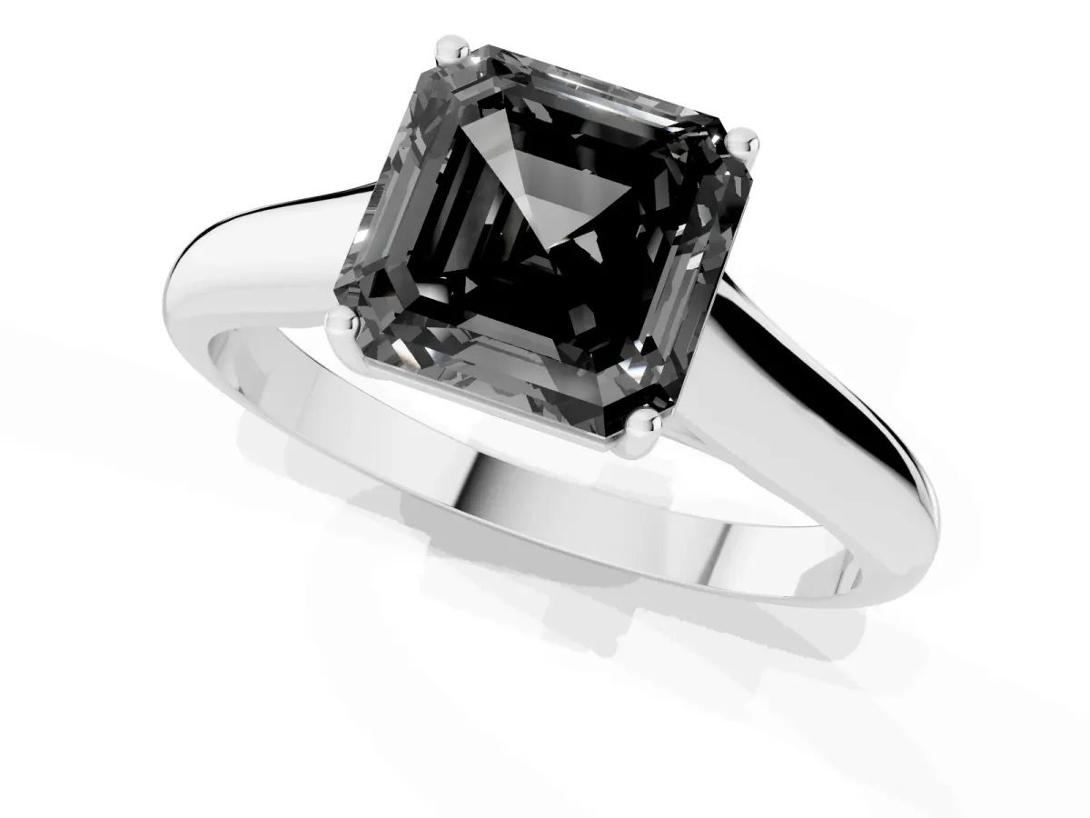 Fancy Black Asscher Cut Solitaire Engagement Ring with Tapered Band and Four-Prong Setting Platinum
