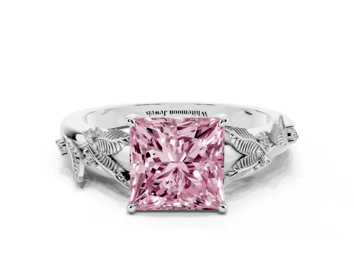 Fancy Pink Princess Cut Diamond Solitaire Ring with Leaf Motif Band and Four-Prong Setting Platinum