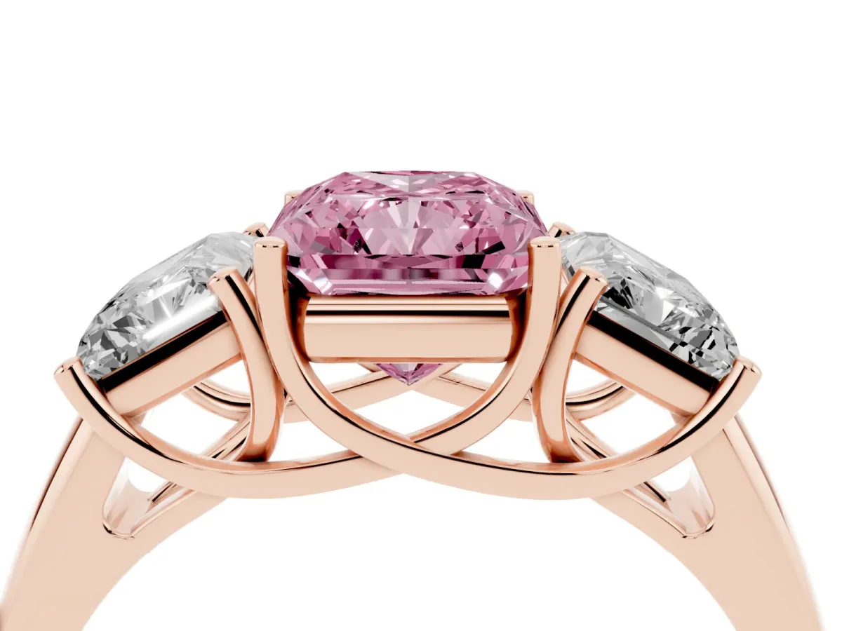 Fancy Pink Three-Stone Radiant Cut Diamond Engagement Ring with Prong Setting Rose gold