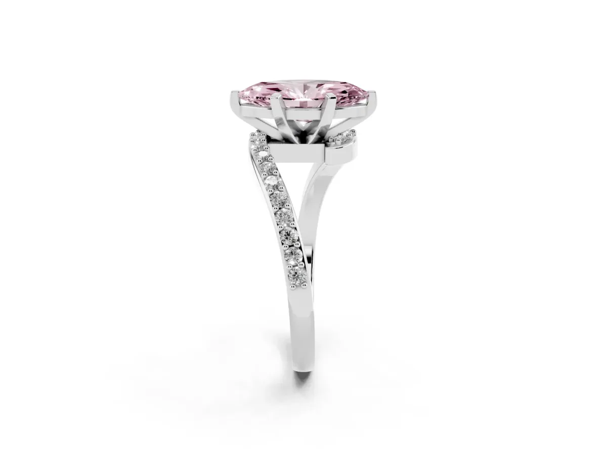 Fancy Pink Marquise Cut Solitaire Twist Band with Pave Set Diamonds and Four-Prong Setting Platinum