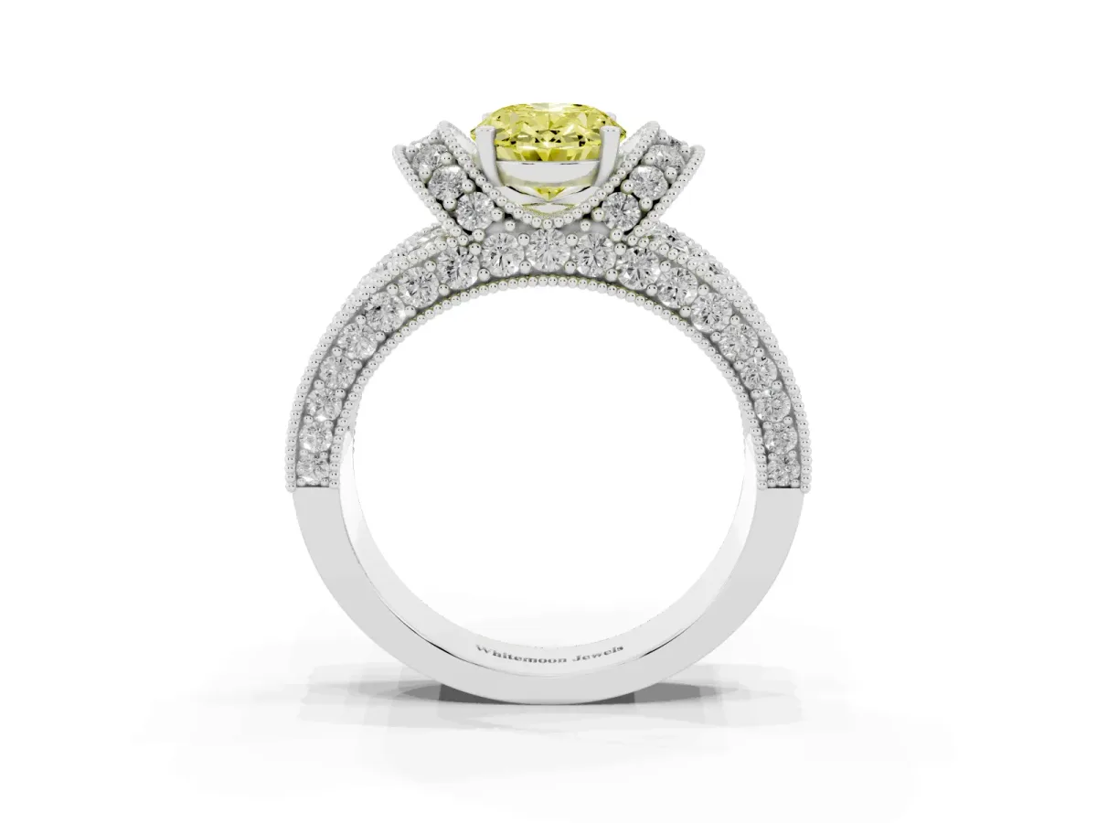 Fancy Yellow Oval Cut Halo Pave Diamond Engagement Ring with Milgrain Detailing Silver