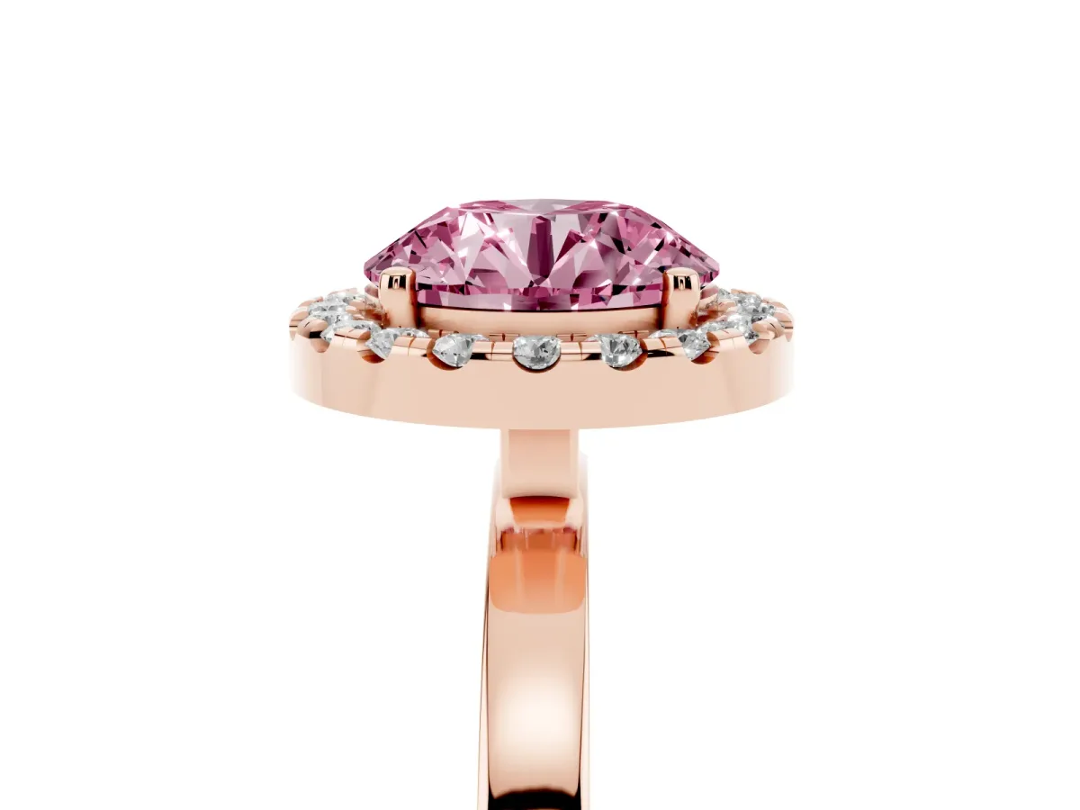 Fancy Pink Round Cut Halo Diamond Solitaire with Pavé Band and Four-Prong Setting Rose gold
