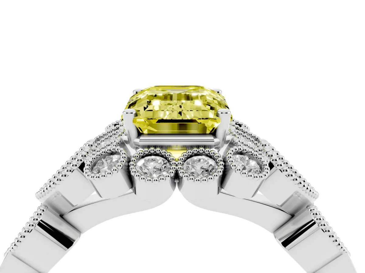 Fancy Yellow Emerald Cut Brilliant Milgrain Pave Heart Band Solitaire Ring Silver