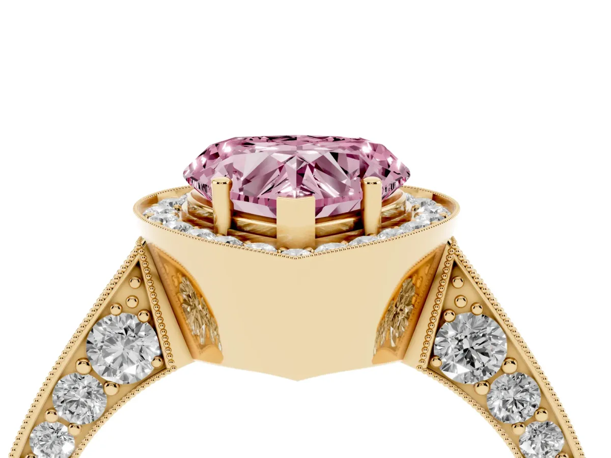 Fancy Pink Heart Cut Halo Diamond Engagement Ring with Split Shank Band and Four-Prong Setting Yellow gold