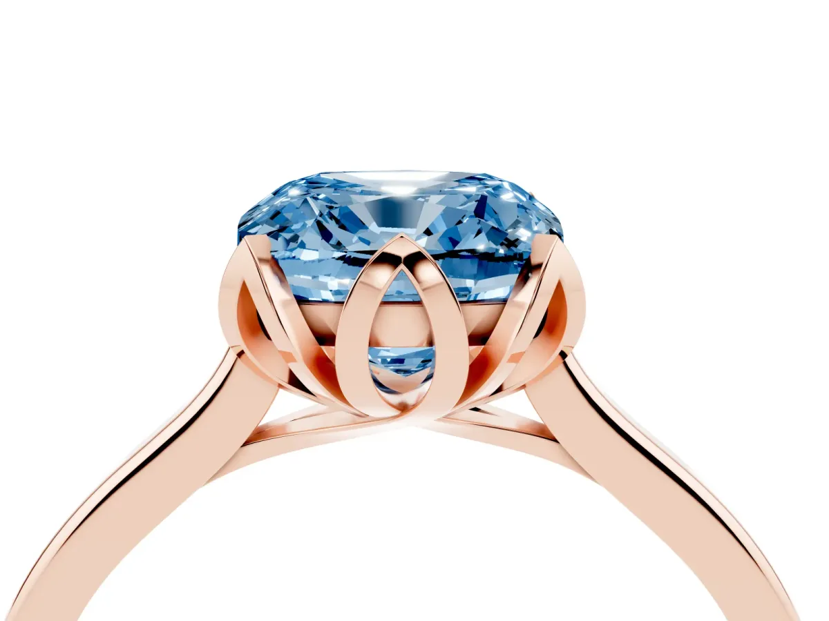 Fancy Blue Cushion Cut Diamond Solitaire Ring with Flower Prong Setting and Classic Band Rose gold