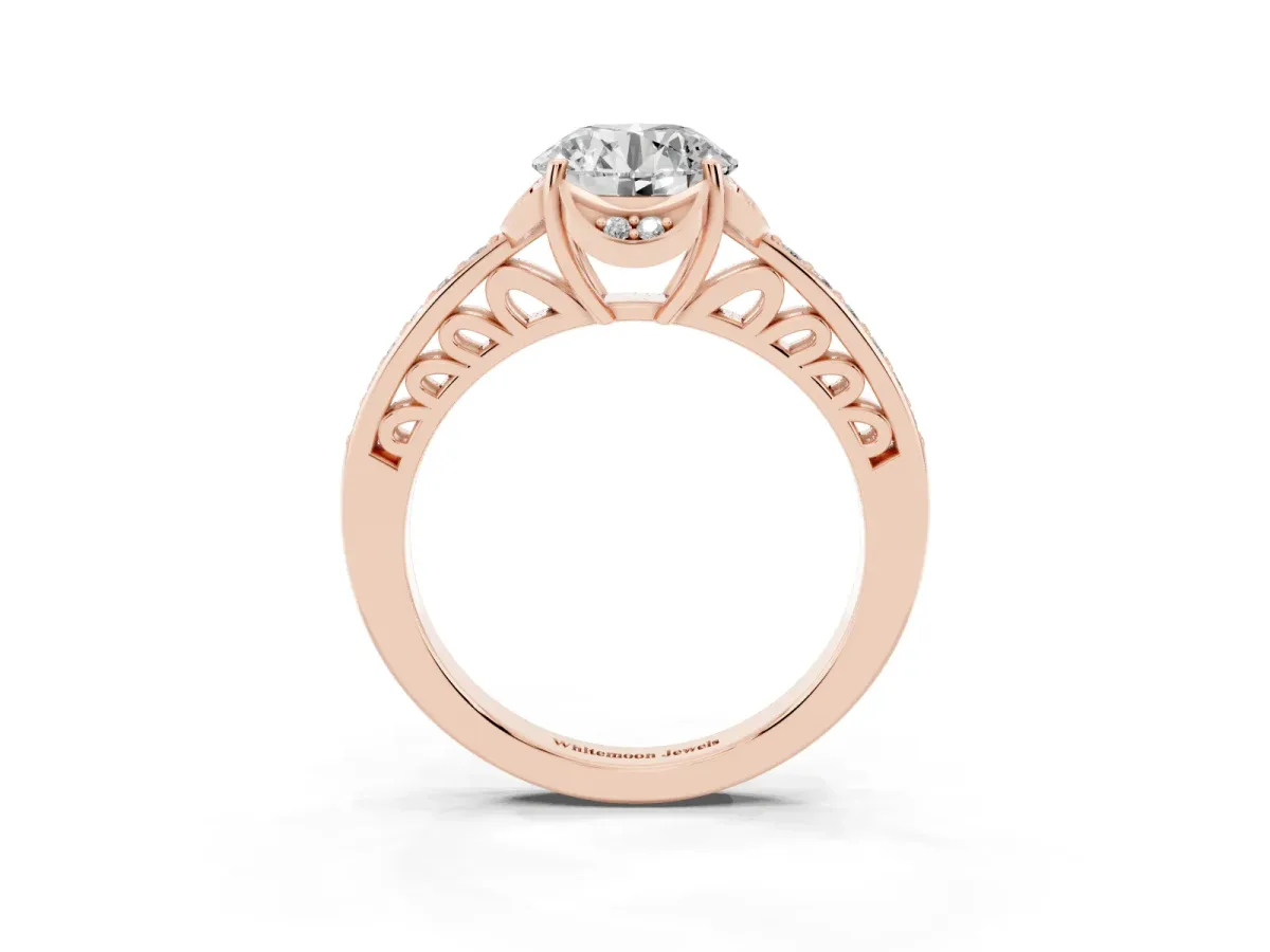 Round Cut Cut Halo Diamond Ring with Channel Set Band and Four-Prong Setting Rose gold