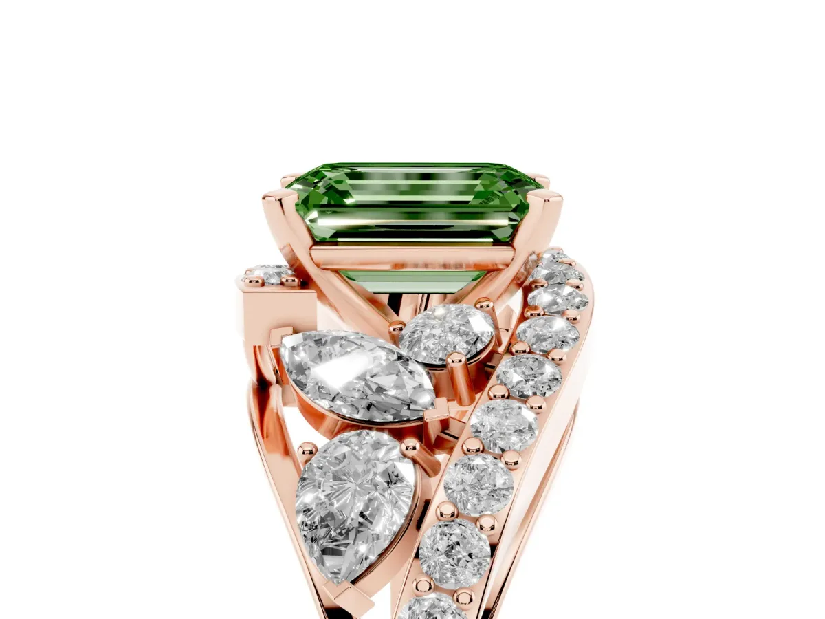 Fancy Green Emerald Cut Diamond Halo Ring with Marquise and Pavé Band in Prong Setting Rose gold