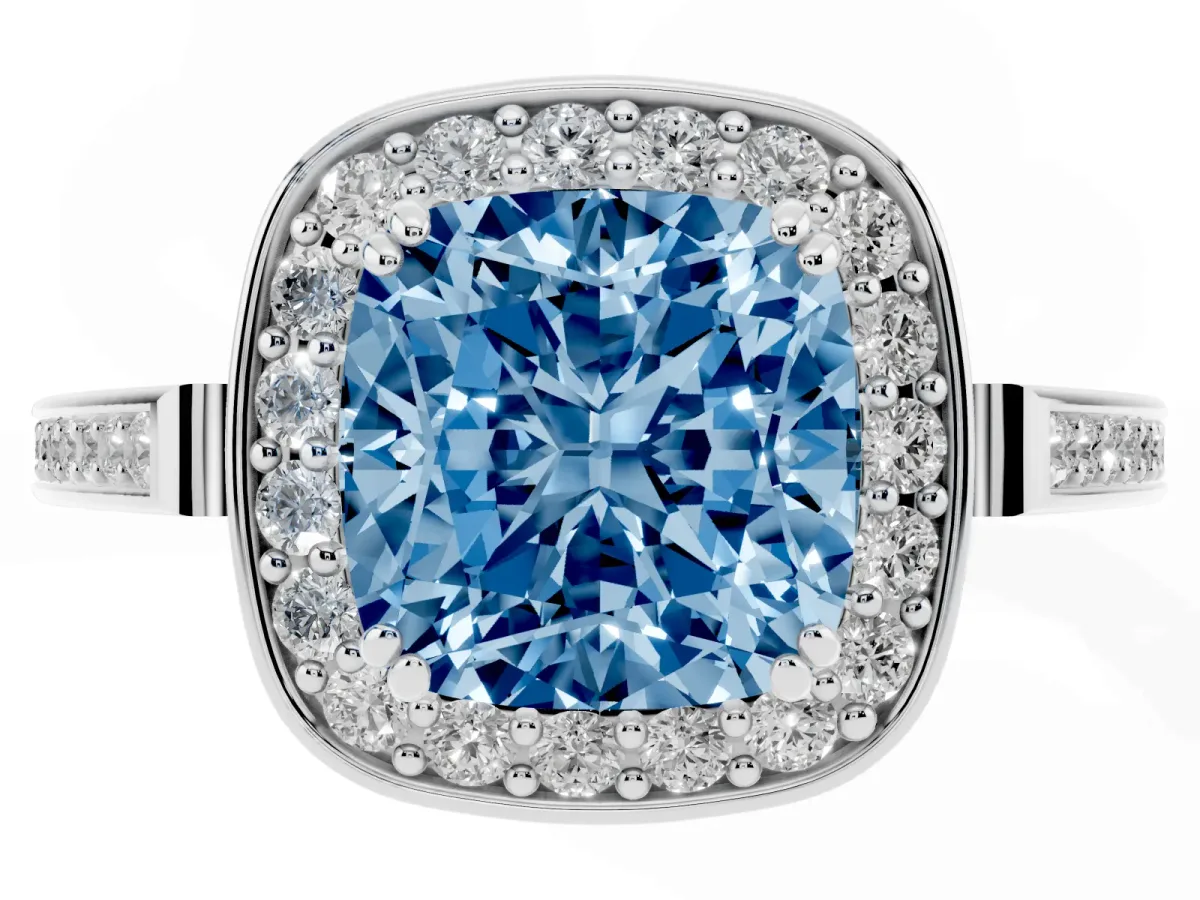 Fancy Blue Cushion Cut Diamond Halo Ring with Split Shank and Four-Prong Setting Silver