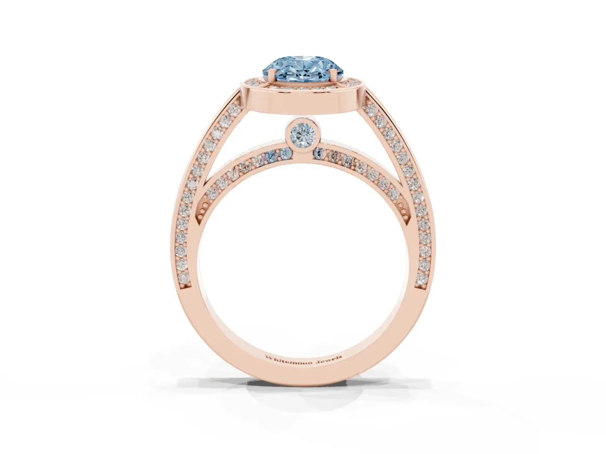 Fancy Blue Oval Cut Cut Halo Pave Split Shank Prong Setting Ring Rose gold