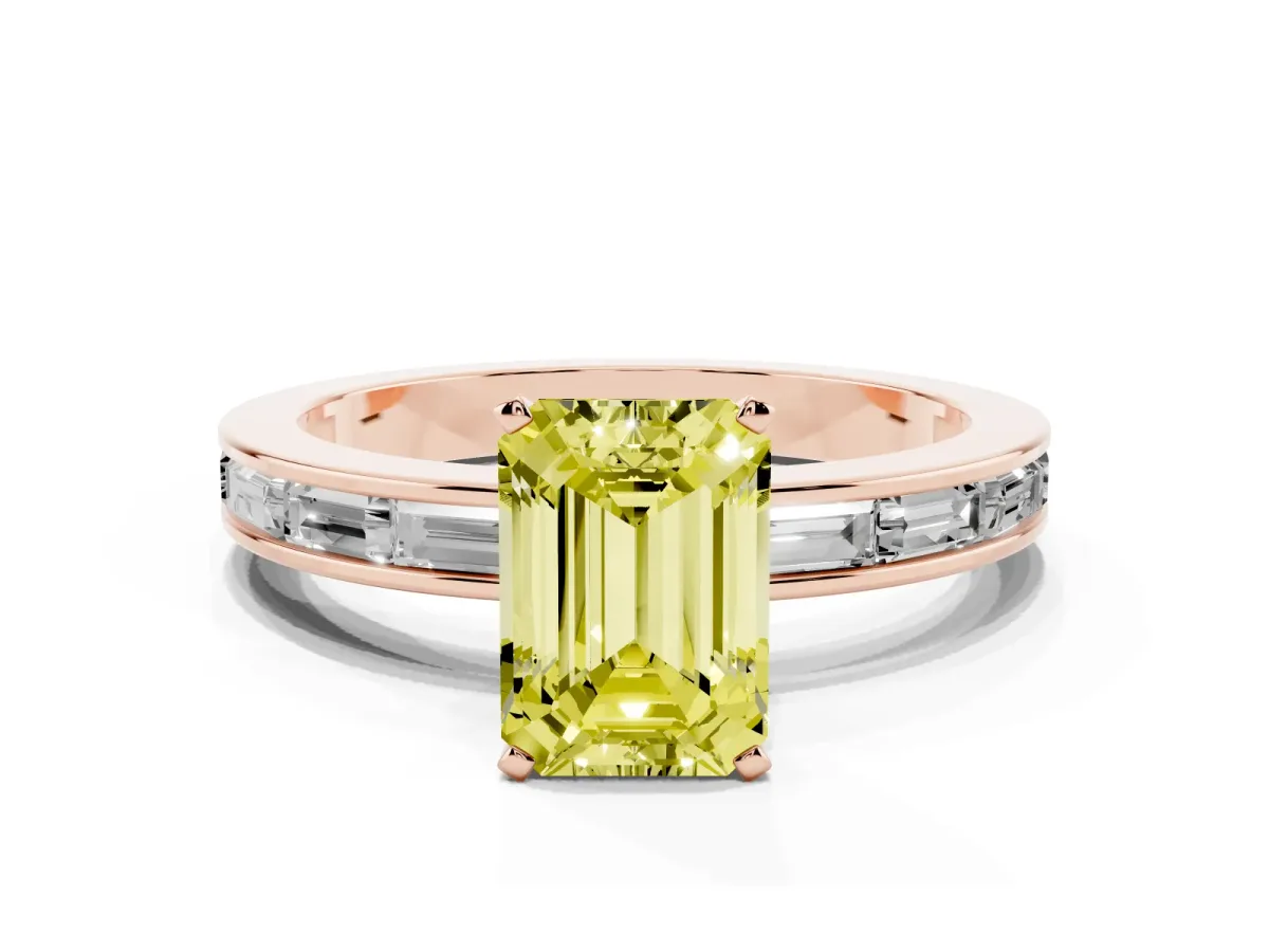 Fancy Yellow Emerald Cut Solitaire Diamond Ring with Channel-Set Baguette Band and Four-Prong Setting Rose gold