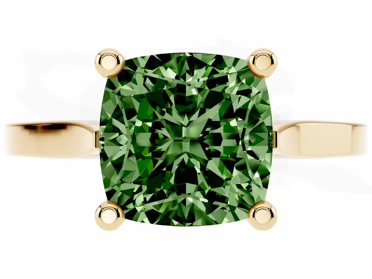 Fancy Green Cushion Cut Solitaire Diamond Ring with Four-Prong Setting and Tapered Band Yellow gold