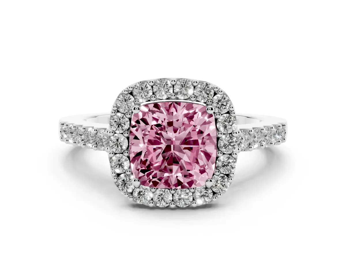 Fancy Pink Cushion Cut Halo Diamond Pavé Solitaire Ring Platinum