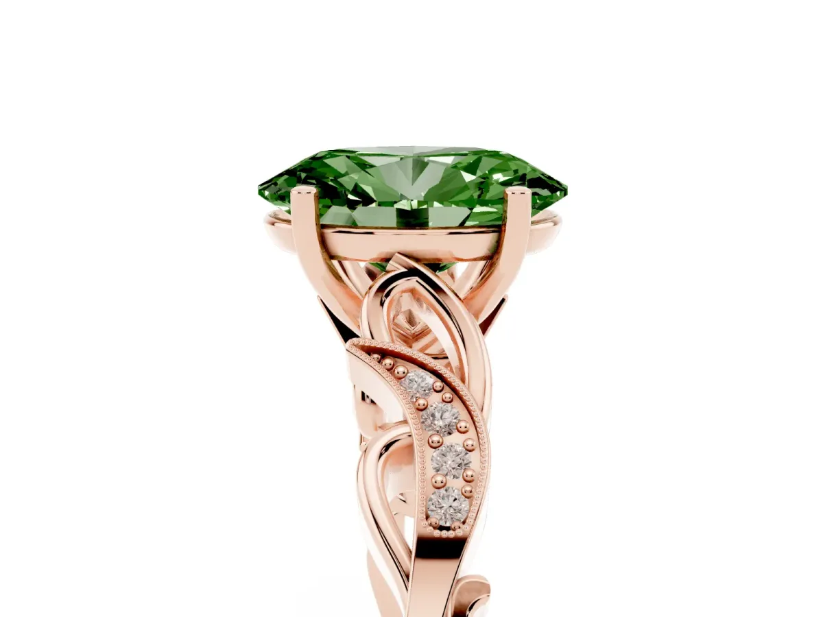 Fancy Green Oval Cut Solitaire Vine Band with Milgrain Prong Setting Rose gold