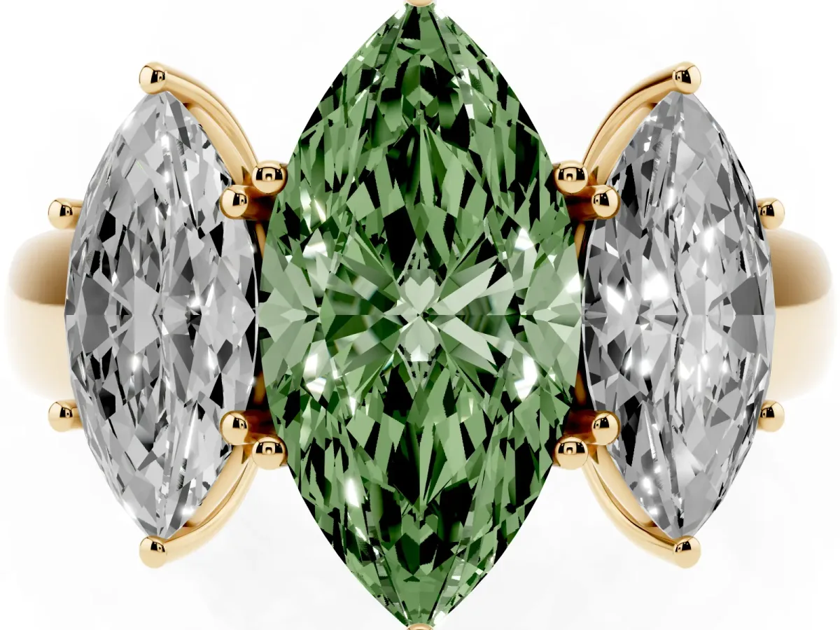 Fancy Green Three-Stone Marquise Cut Cut Diamond Ring with Prong Setting and Classic Band Yellow gold