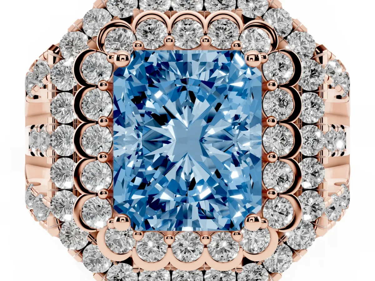 Fancy Blue Radiant Cut Diamond Double Halo Ring with Round Pavé Split Shank and Prong Setting Rose gold