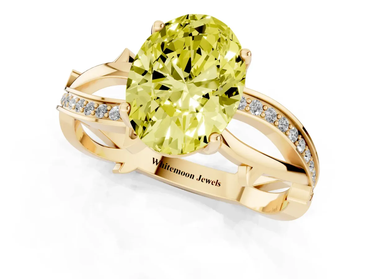 Fancy Yellow Oval Cut Solitaire Twist Band with Pavé Accents and Four-Prong Setting Yellow gold
