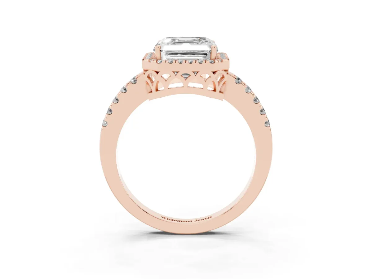 Asscher Cut Halo Diamond Engagement Ring with Pavé Band and Four-Prong Setting Rose gold