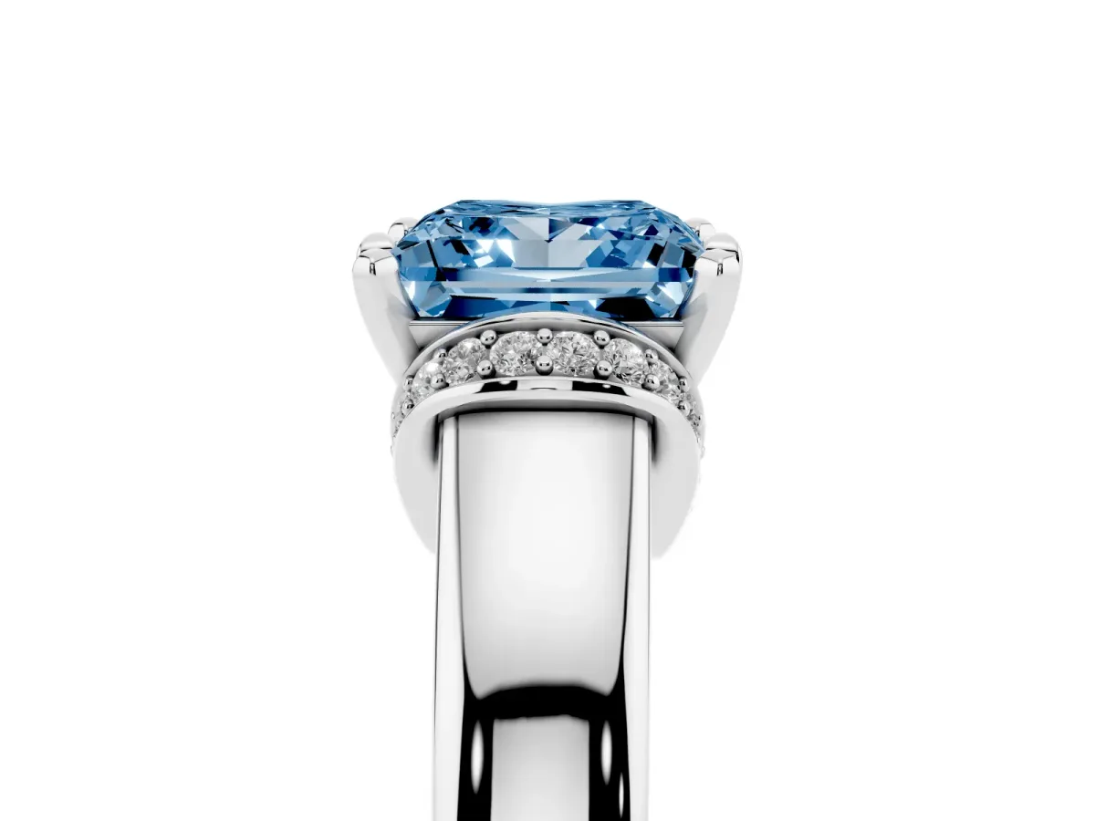 Fancy Blue Princess Cut Solitaire Diamond Ring with Pave Band and Six-Prong Setting Silver