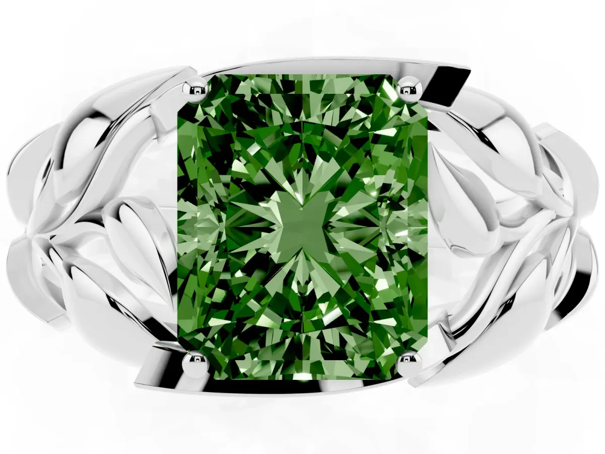 Fancy Green Radiant Cut Diamond Leaf-Inspired Engagement Ring with Round Accents and Prong Setting White gold