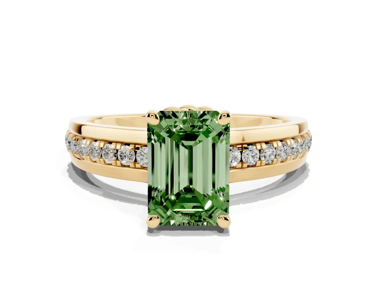 Fancy Green Emerald Cut Solitaire Diamond Ring with Channel Set Band and Six-Prong Setting Yellow gold