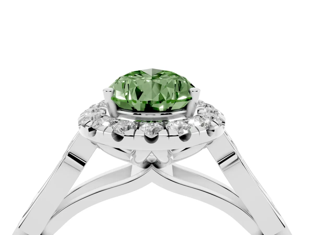 Fancy Green Pear Cut Halo Diamond Engagement Ring with Filigree Band and Four-Prong Setting White gold