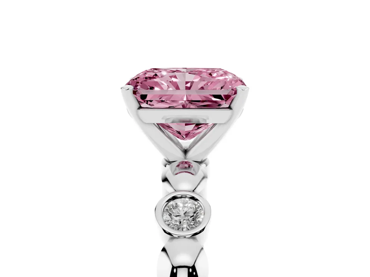 Fancy Pink Radiant Cut Solitaire Bezel-Set Diamond Ring with Beaded Band and Four-Prong Setting Silver