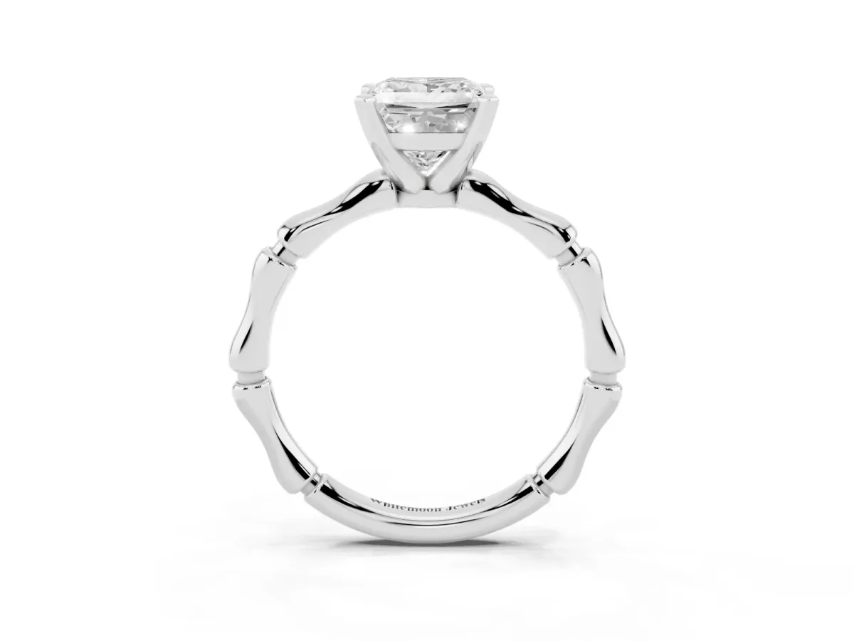 Princess Cut Solitaire Diamond Ring with Bamboo Band and Four-Prong Setting Silver