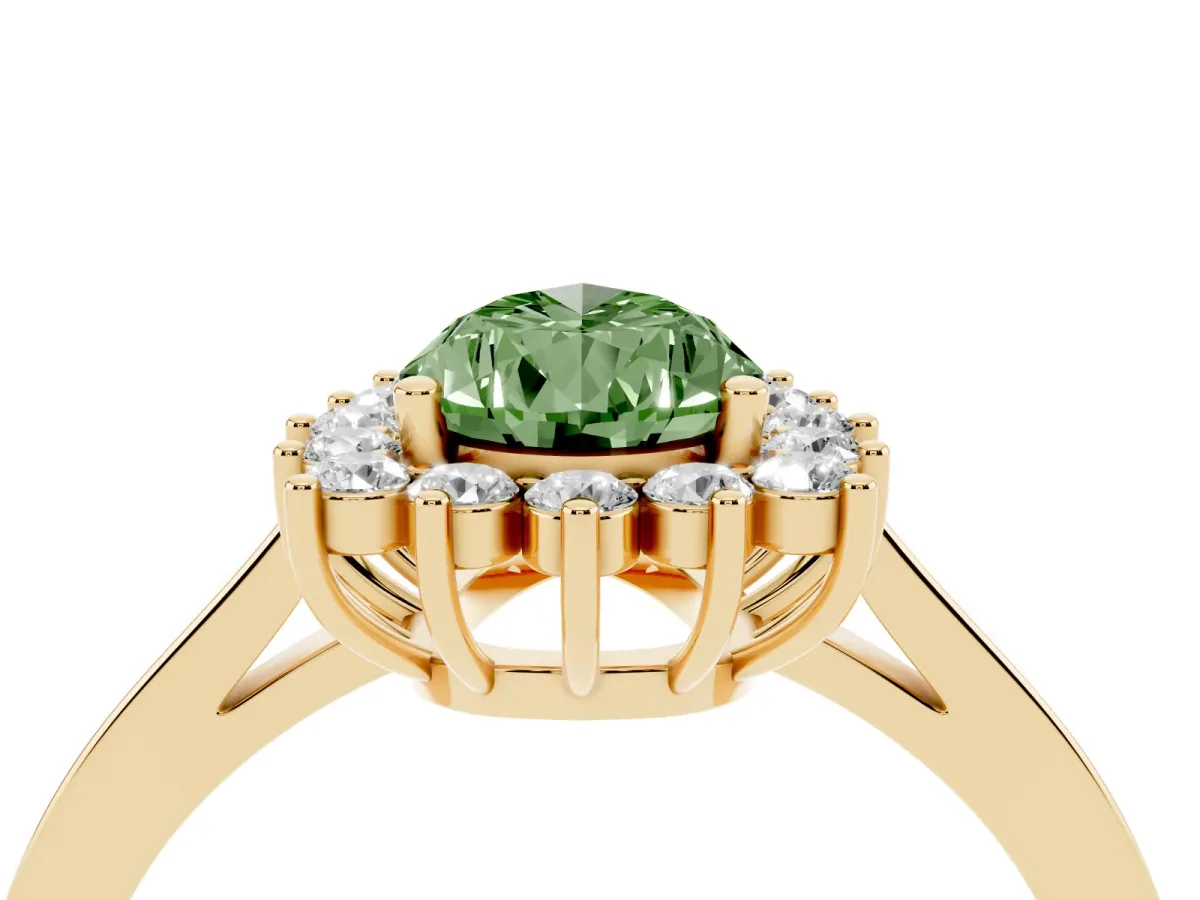 Fancy Green Pear Cut Cut Diamond Halo Ring with Round Brilliant Halo and Solitaire Band Yellow gold