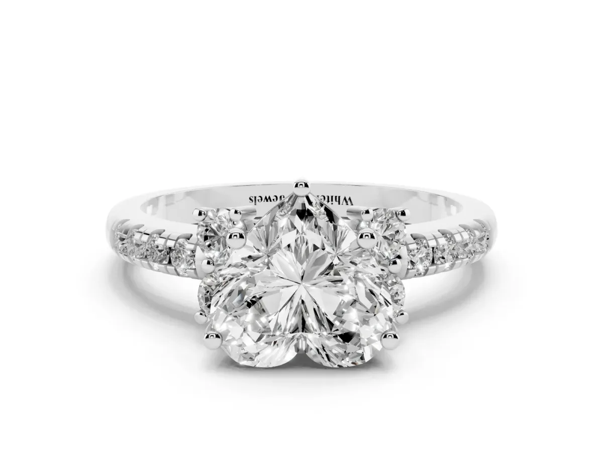 Heart Cut Diamond Three-Stone Pave Band with Four-Prong Setting Silver