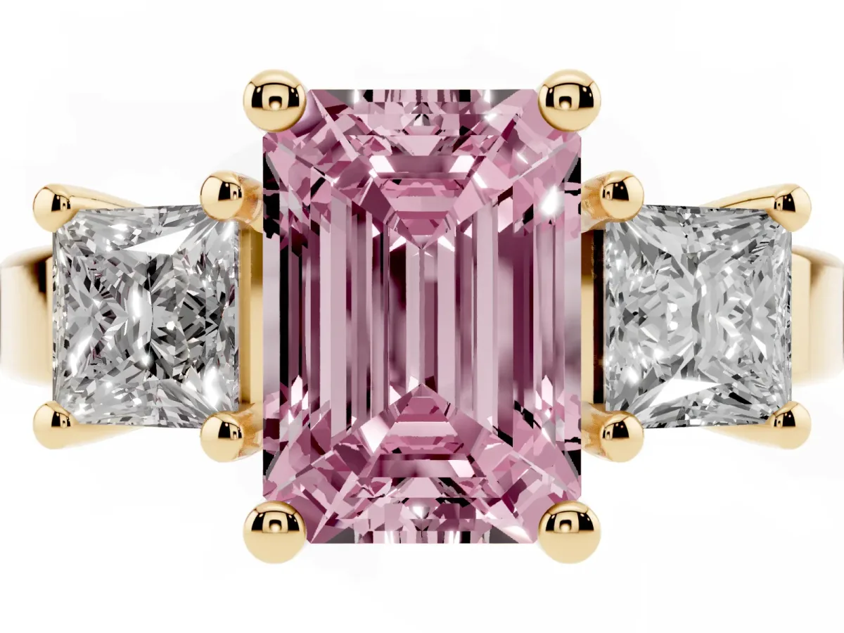 Fancy Pink Three-Stone Emerald Cut Cut Solitaire Ring with Prong Setting Yellow gold
