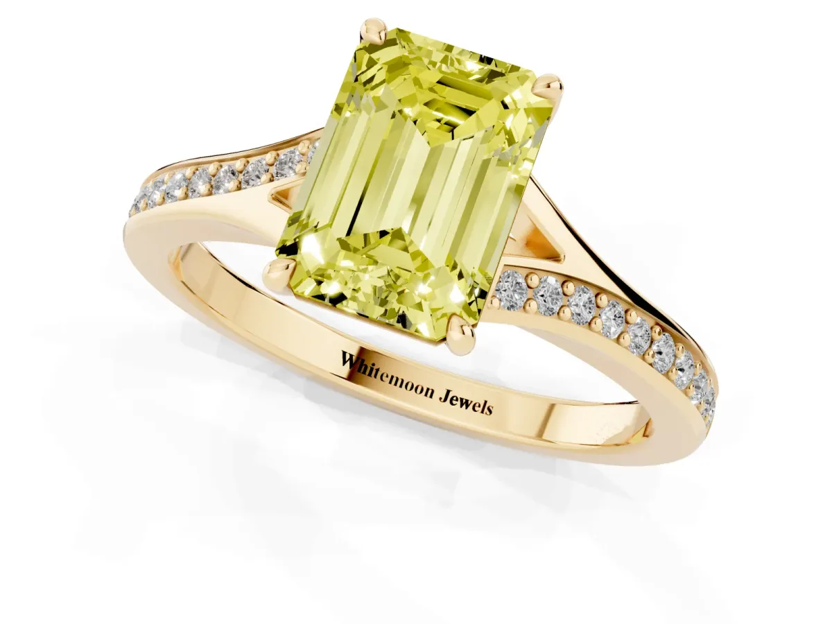 Fancy Yellow Emerald Cut Diamond Solitaire Ring with Pavé Band and Prong Setting Yellow gold
