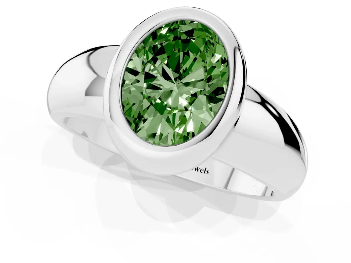 Fancy Green Bezel Set Oval Cut Solitaire Ring with Wide Band Silver