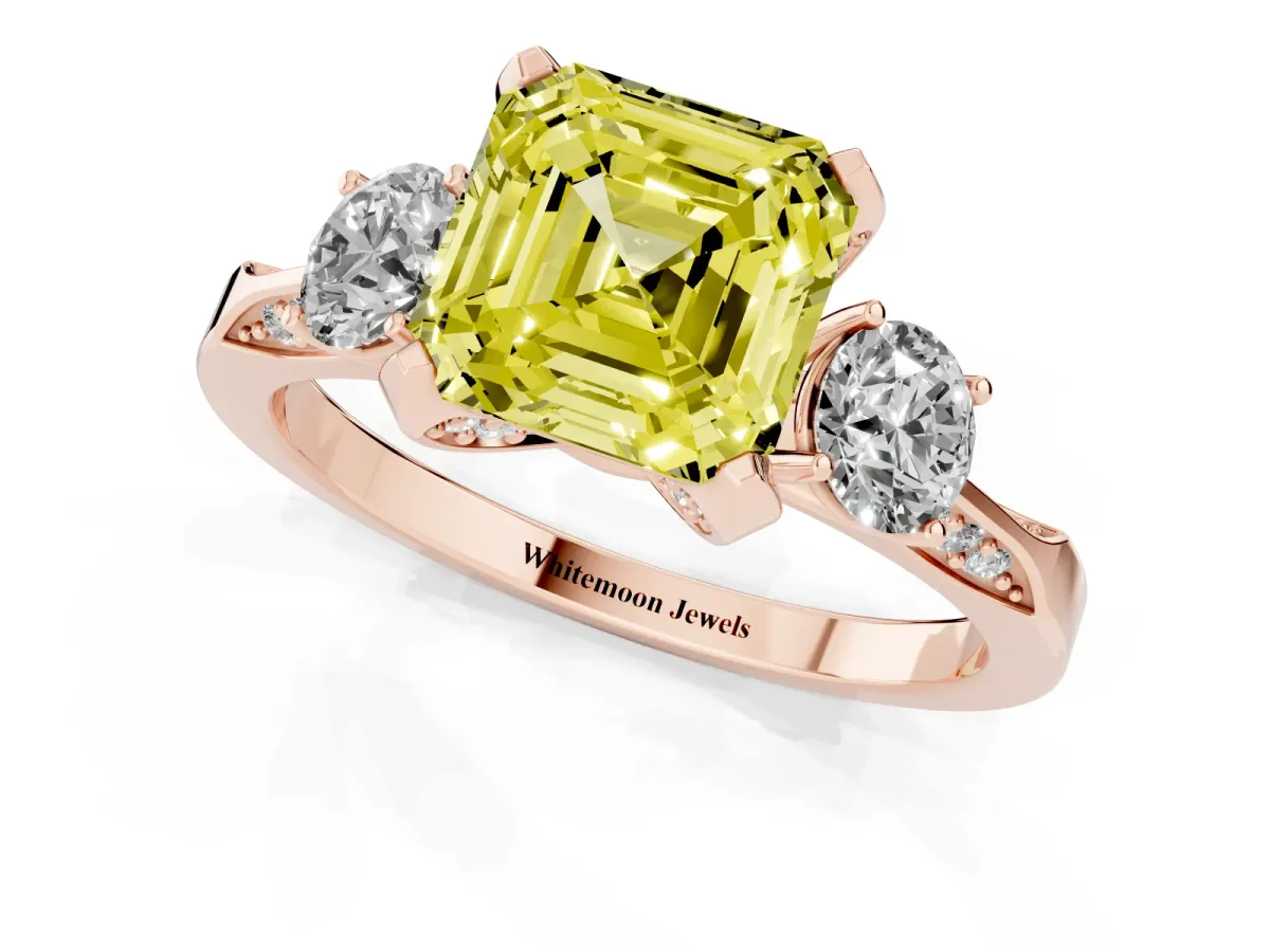 Fancy Yellow Asscher Cut Brilliant Three-Stone Diamond Ring with Pavé Band and Four-Prong Setting Rose gold
