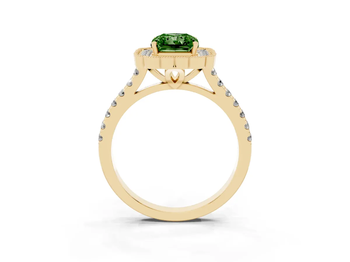 Fancy Green Radiant Cut Cut Diamond Milgrain Floral Halo Engagement Ring with Pavé Band Yellow gold