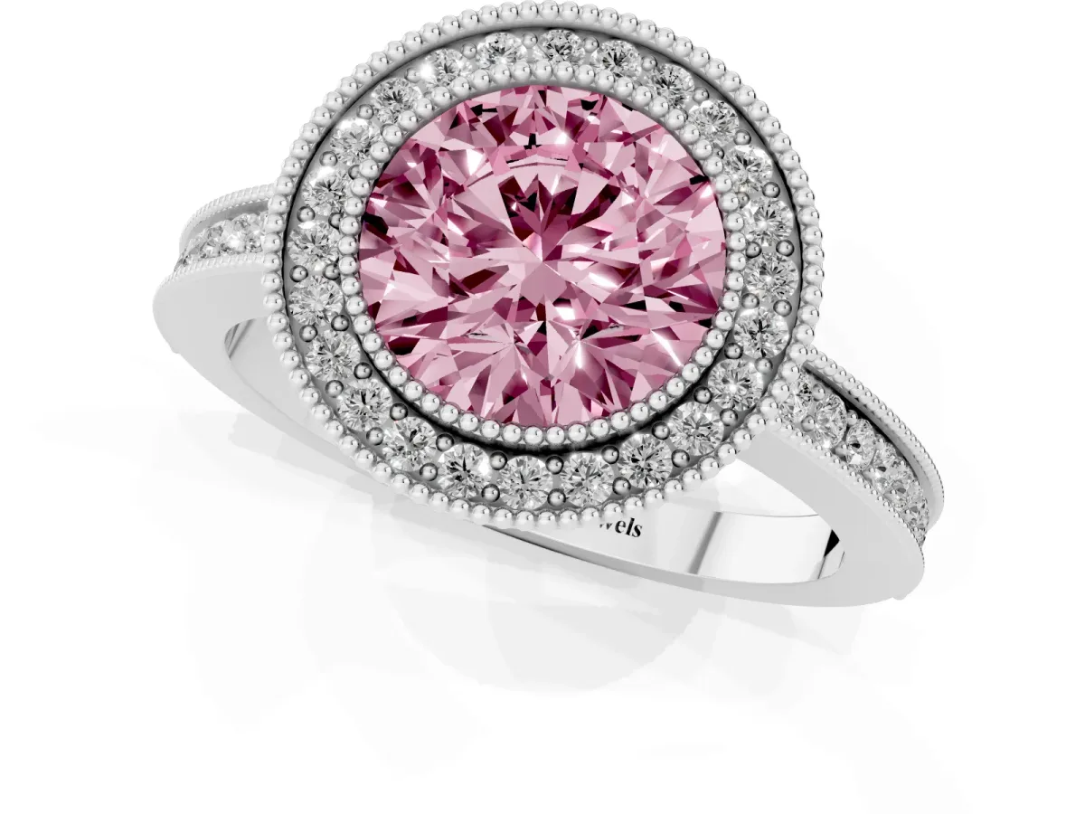 Fancy Pink Round Cut Cut Halo Diamond Ring with Pavé Band and Milgrain Prong Setting Platinum