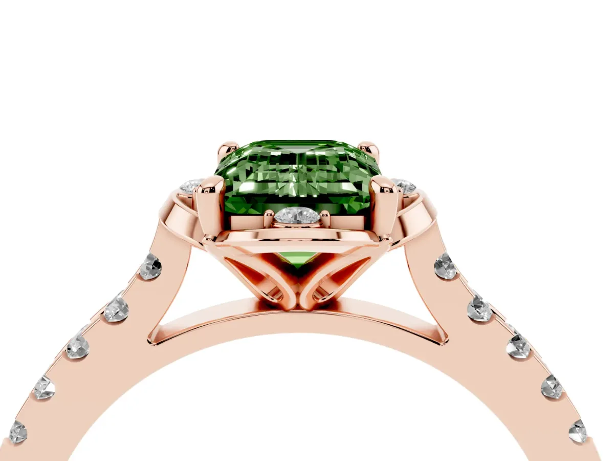 Fancy Green Emerald Cut Diamond Ring with Pavé Band and Floral Prong Setting Rose gold