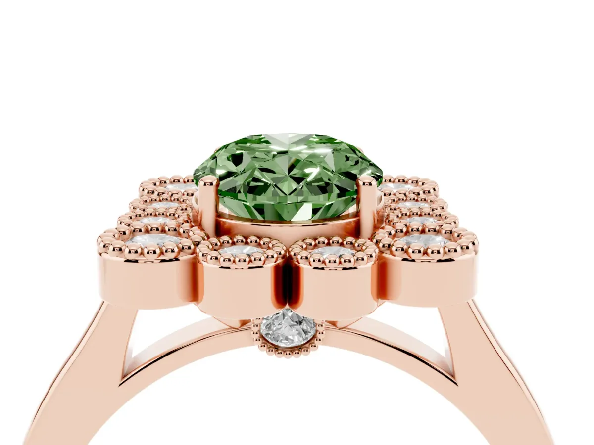 Fancy Green Oval Cut Halo Diamond Cluster Engagement Ring with Milgrain Bezel Setting and Solitaire Band Rose gold