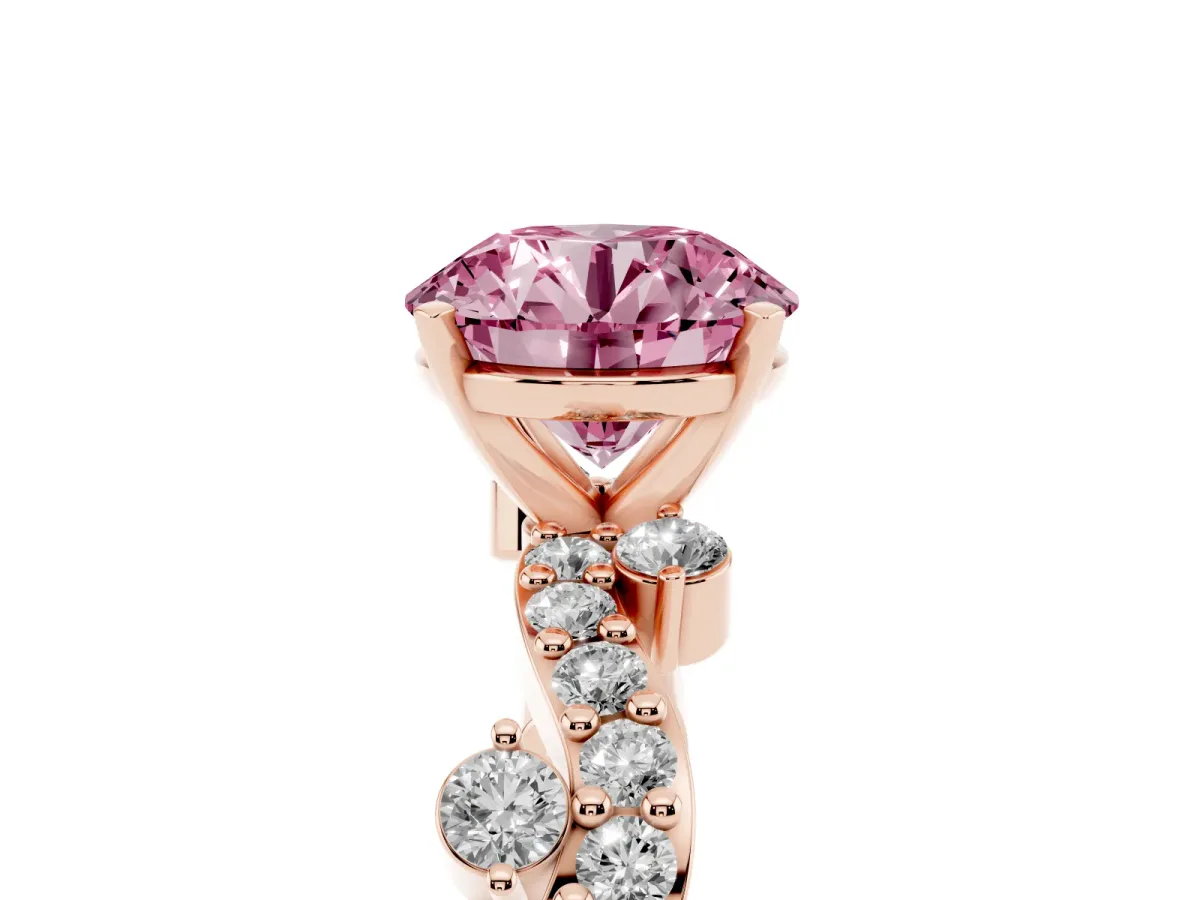 Fancy Pink Round Cut Cut Solitaire Diamond Twisted Band with Pave Setting Rose gold