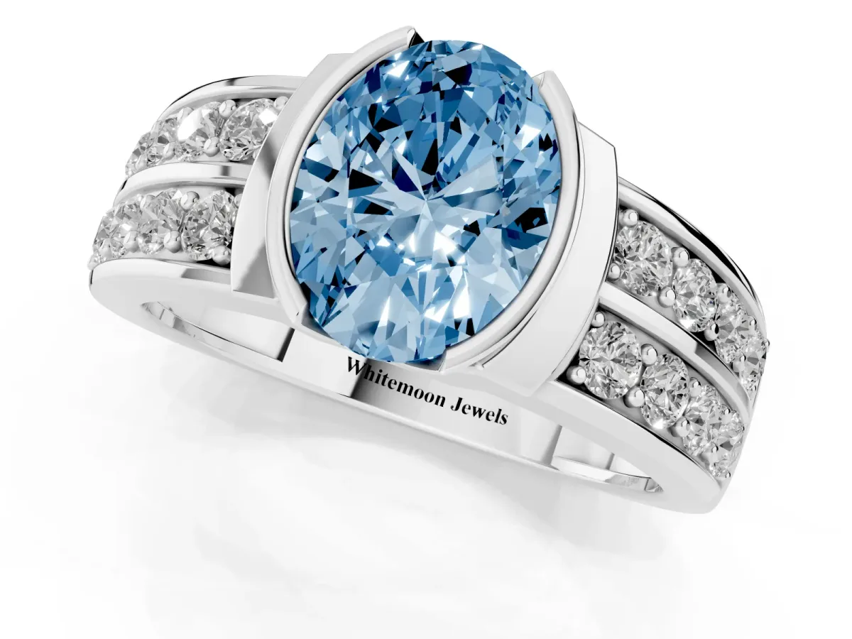 Fancy Blue Oval Cut Brilliant Diamond Channel Set Wide Band Ring with Bezel Setting Platinum