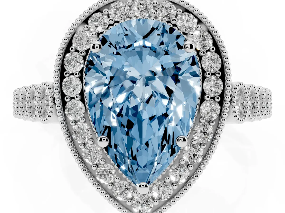 Fancy Blue Pear Cut Halo Twist Band Solitaire Ring with Six-Prong Setting Silver